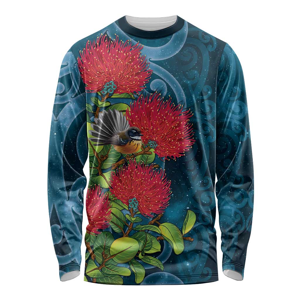 New Zealand Matariki Piwakawaka Long Sleeve Shirt Maori Koru With Pohutukawa Flowers