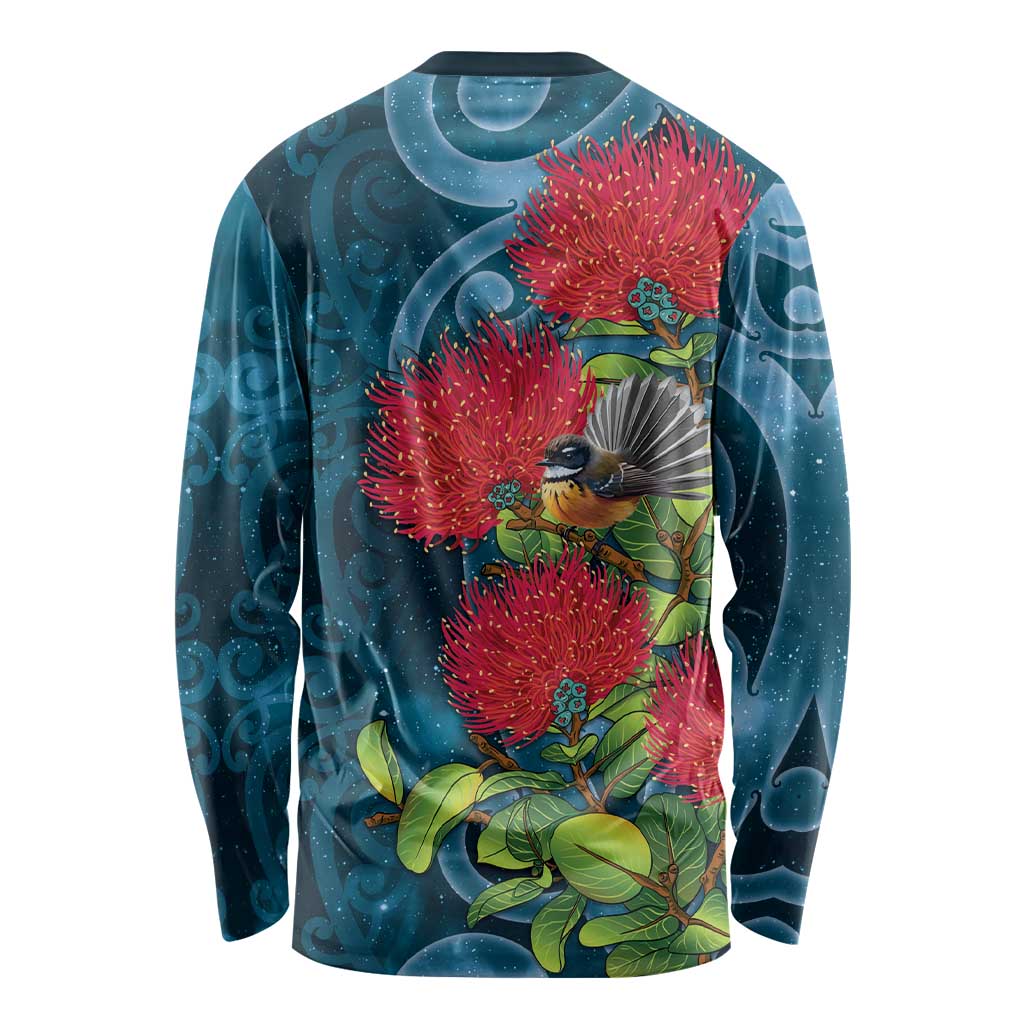 New Zealand Matariki Piwakawaka Long Sleeve Shirt Maori Koru With Pohutukawa Flowers