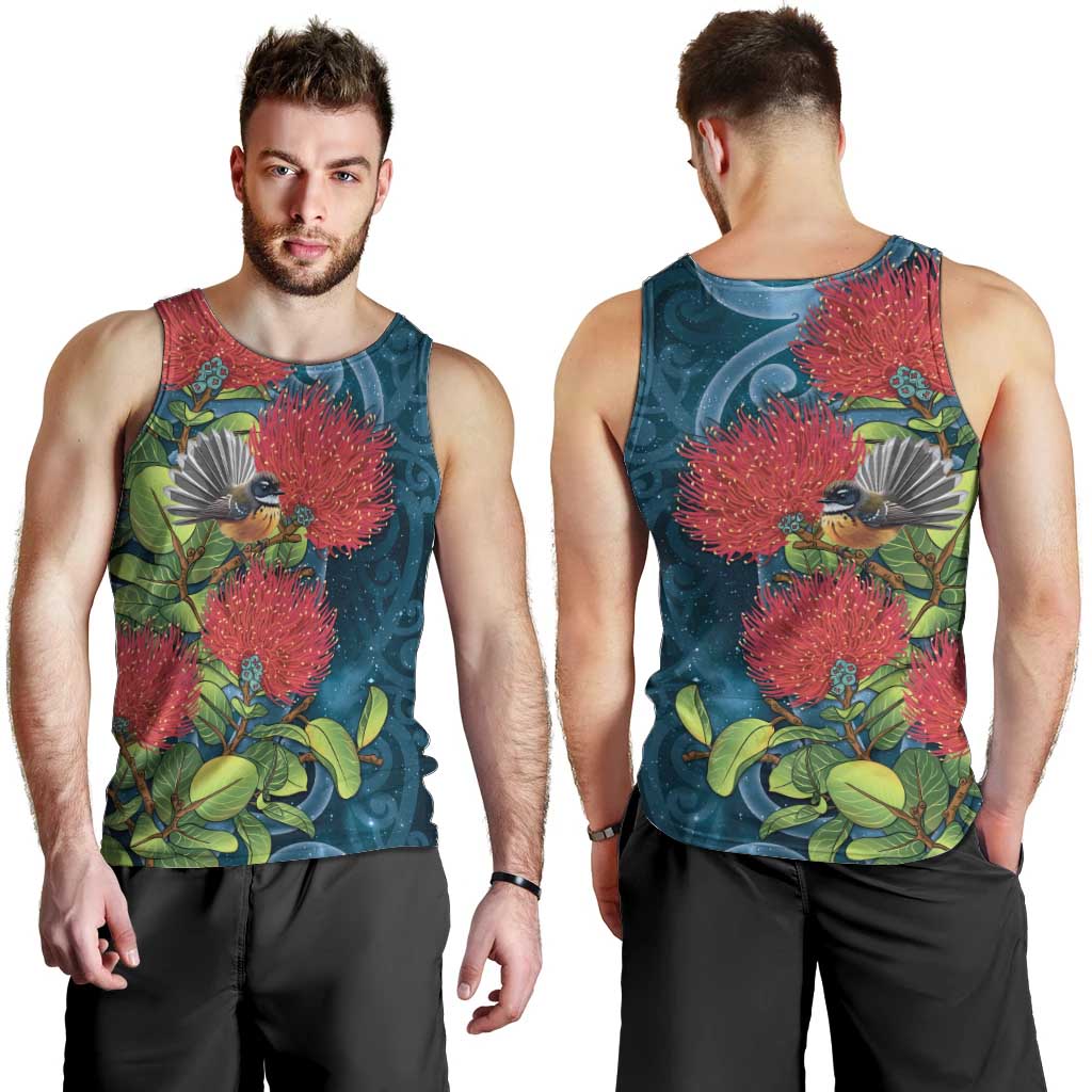 New Zealand Matariki Piwakawaka Men Tank Top Maori Koru With Pohutukawa Flowers