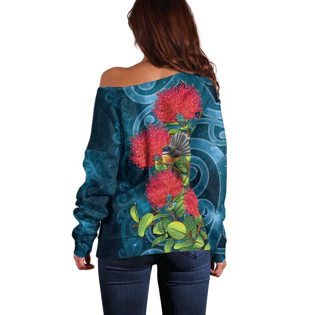 New Zealand Matariki Piwakawaka Off Shoulder Sweater Maori Koru With Pohutukawa Flowers
