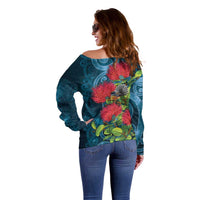New Zealand Matariki Piwakawaka Off Shoulder Sweater Maori Koru With Pohutukawa Flowers