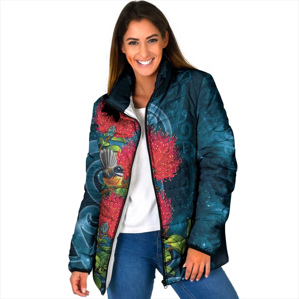 New Zealand Matariki Piwakawaka Padded Jacket Maori Koru With Pohutukawa Flowers