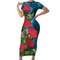 New Zealand Matariki Piwakawaka Short Sleeve Bodycon Dress Maori Koru With Pohutukawa Flowers