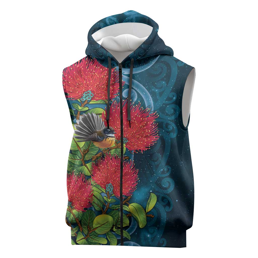 New Zealand Matariki Piwakawaka Sleeveless Zip Hoodie Maori Koru With Pohutukawa Flowers