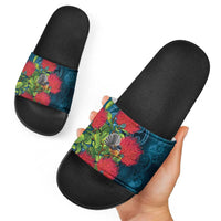 New Zealand Matariki Piwakawaka Slide Sandals Maori Koru With Pohutukawa Flowers