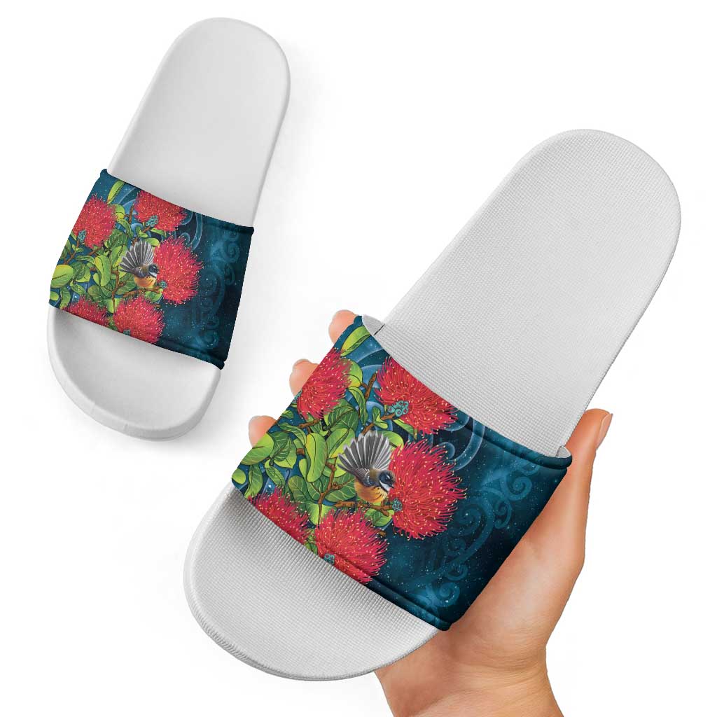 New Zealand Matariki Piwakawaka Slide Sandals Maori Koru With Pohutukawa Flowers