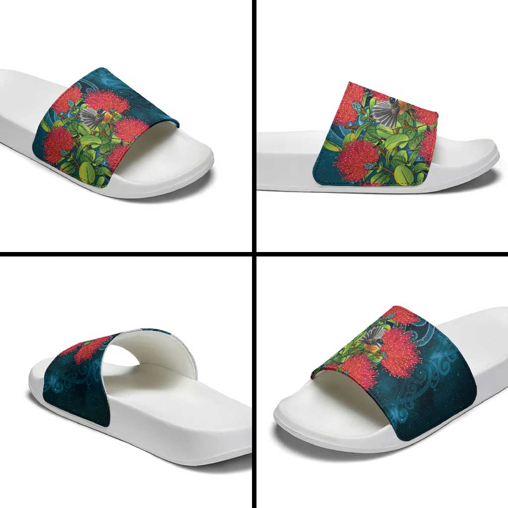 New Zealand Matariki Piwakawaka Slide Sandals Maori Koru With Pohutukawa Flowers