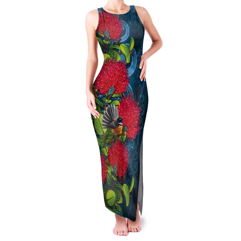 New Zealand Matariki Piwakawaka Tank Maxi Dress Maori Koru With Pohutukawa Flowers LT05 Women Dark Teal - Polynesian Pride