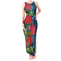 New Zealand Matariki Piwakawaka Tank Maxi Dress Maori Koru With Pohutukawa Flowers LT05 Women Dark Teal - Polynesian Pride