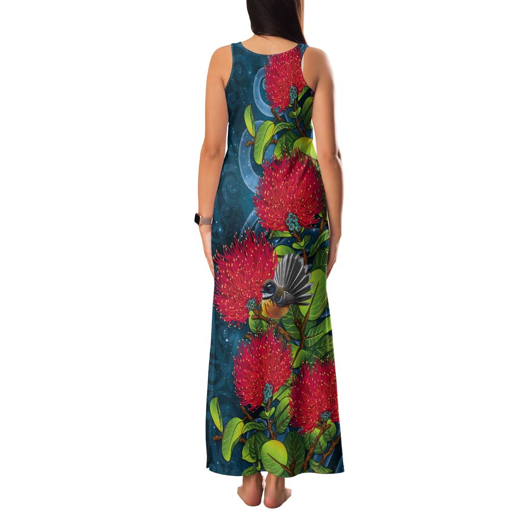 New Zealand Matariki Piwakawaka Tank Maxi Dress Maori Koru With Pohutukawa Flowers LT05 - Polynesian Pride