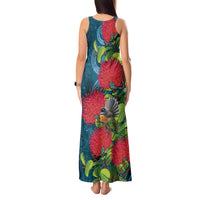 New Zealand Matariki Piwakawaka Tank Maxi Dress Maori Koru With Pohutukawa Flowers LT05 - Polynesian Pride