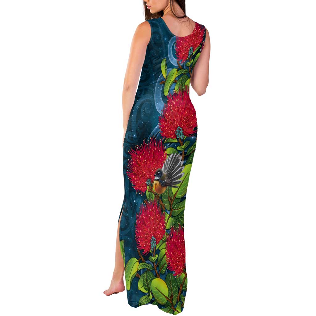New Zealand Matariki Piwakawaka Tank Maxi Dress Maori Koru With Pohutukawa Flowers LT05 - Polynesian Pride