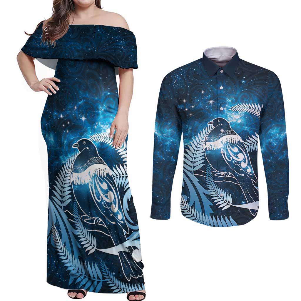 New Zealand Matariki Couples Matching Off Shoulder Maxi Dress and Long Sleeve Button Shirt Pigeon Kereru Maori Fern Art