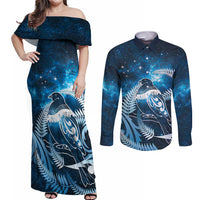 New Zealand Matariki Couples Matching Off Shoulder Maxi Dress and Long Sleeve Button Shirt Pigeon Kereru Maori Fern Art