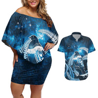 New Zealand Matariki Couples Matching Off Shoulder Short Dress and Hawaiian Shirt Pigeon Kereru Maori Fern Art