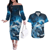 New Zealand Matariki Couples Matching Off The Shoulder Long Sleeve Dress and Hawaiian Shirt Pigeon Kereru Maori Fern Art LT05 Blue - Polynesian Pride