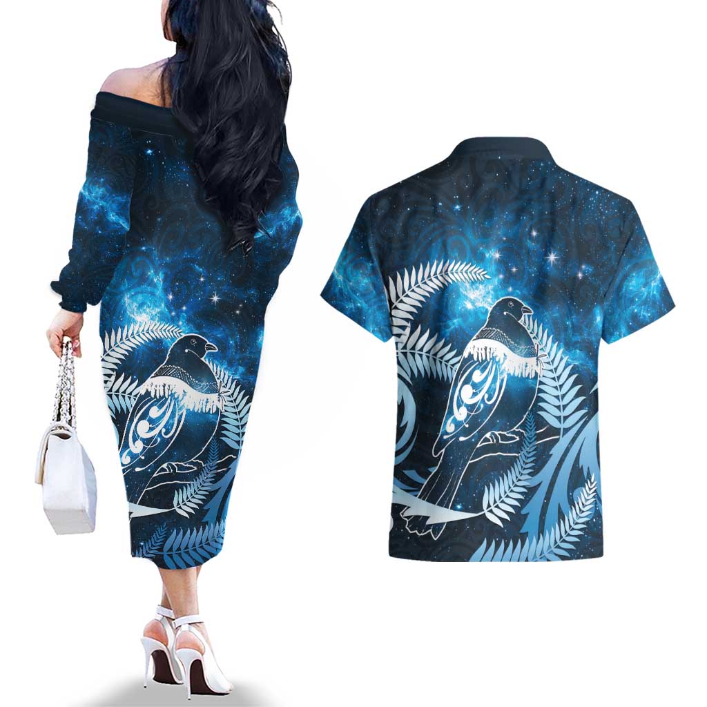 New Zealand Matariki Couples Matching Off The Shoulder Long Sleeve Dress and Hawaiian Shirt Pigeon Kereru Maori Fern Art LT05 - Polynesian Pride