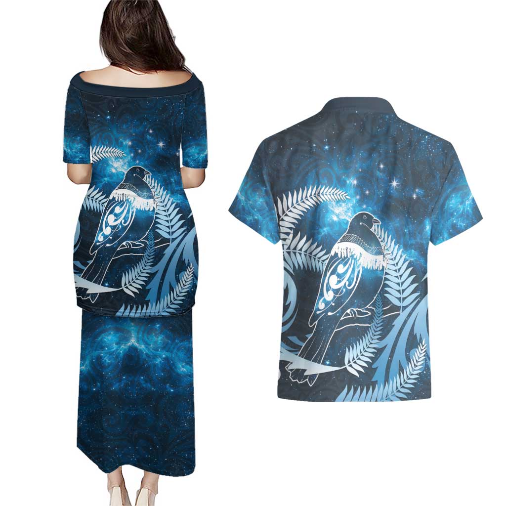 New Zealand Matariki Couples Matching Puletasi and Hawaiian Shirt Pigeon Kereru Maori Fern Art