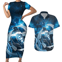 New Zealand Matariki Couples Matching Short Sleeve Bodycon Dress and Hawaiian Shirt Pigeon Kereru Maori Fern Art LT05 Blue - Polynesian Pride