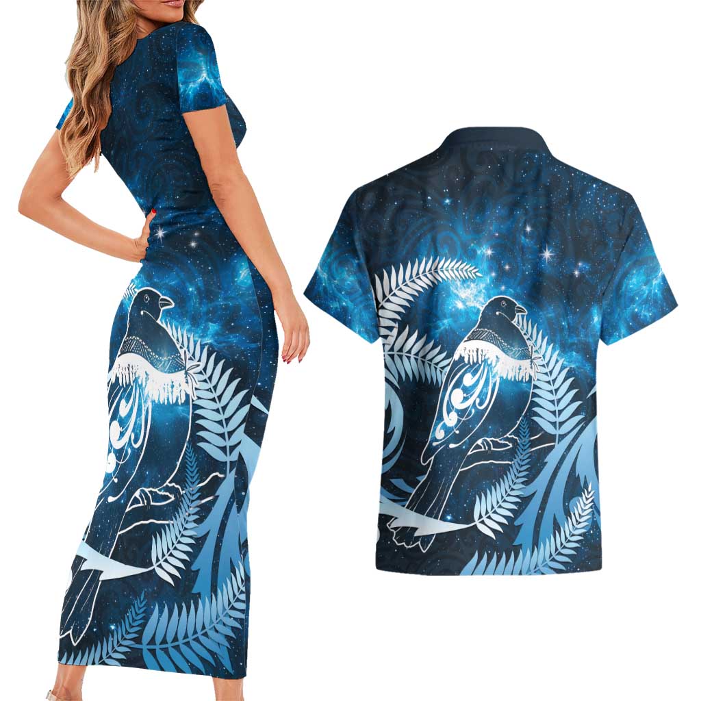 New Zealand Matariki Couples Matching Short Sleeve Bodycon Dress and Hawaiian Shirt Pigeon Kereru Maori Fern Art LT05 - Polynesian Pride