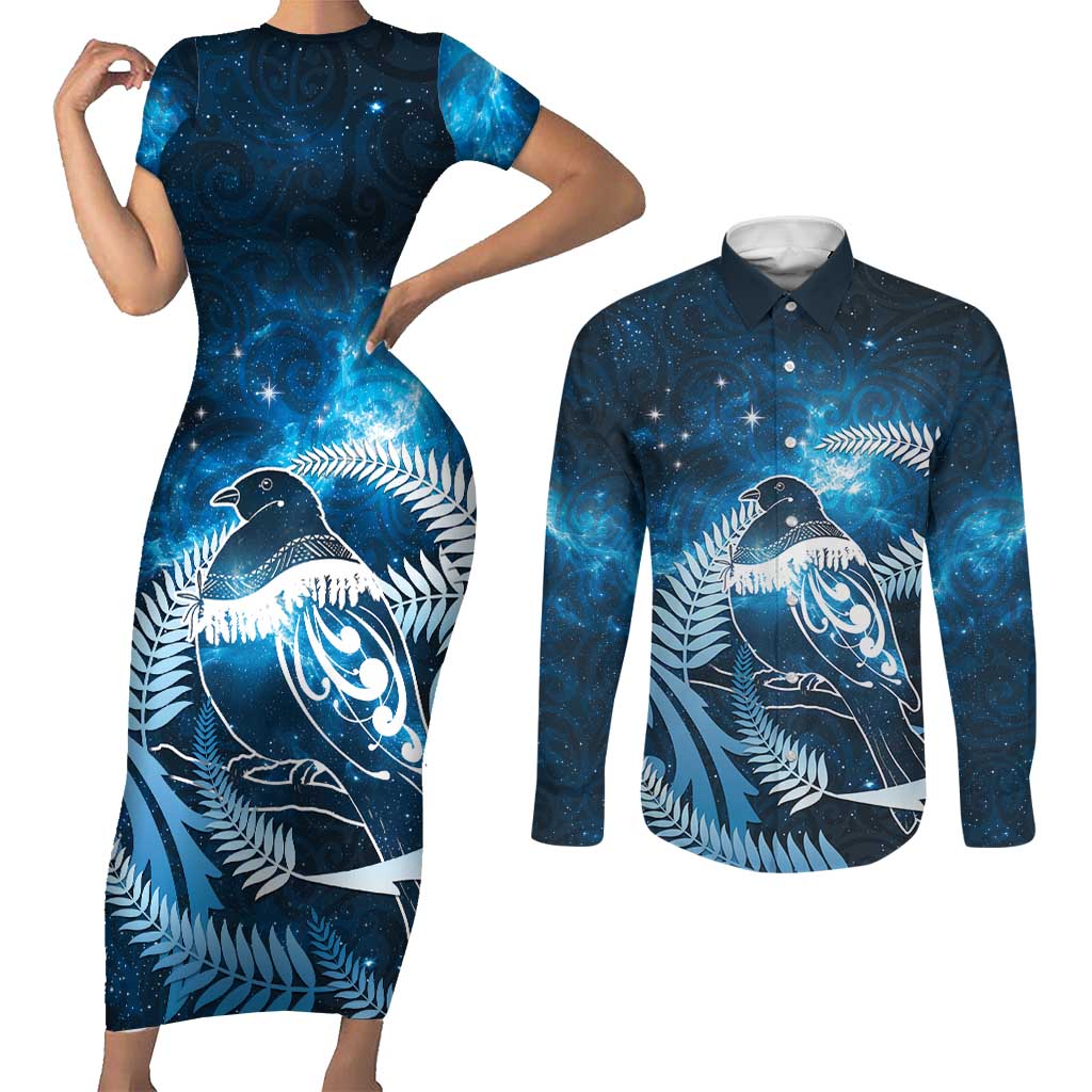 New Zealand Matariki Couples Matching Short Sleeve Bodycon Dress and Long Sleeve Button Shirt Pigeon Kereru Maori Fern Art