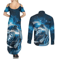 New Zealand Matariki Couples Matching Summer Maxi Dress and Long Sleeve Button Shirt Pigeon Kereru Maori Fern Art
