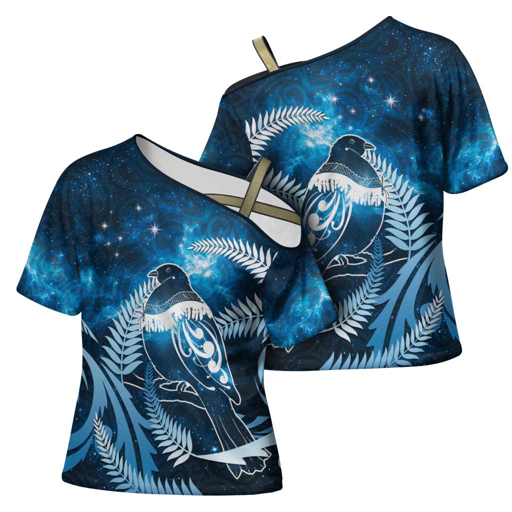 New Zealand Matariki Cross Shoulder Shirt Pigeon Kereru Maori Fern Art