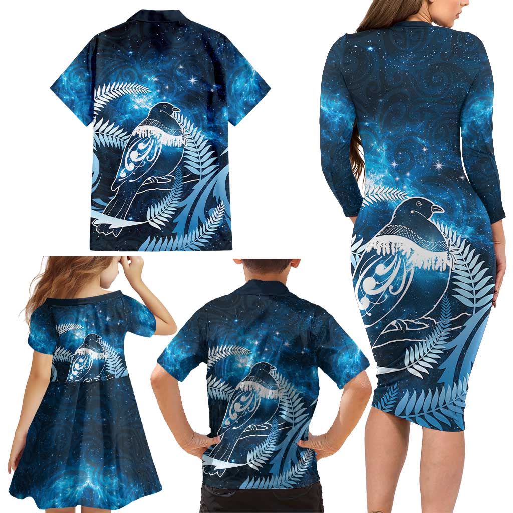 New Zealand Matariki Family Matching Long Sleeve Bodycon Dress and Hawaiian Shirt Pigeon Kereru Maori Fern Art LT05 - Polynesian Pride