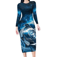 New Zealand Matariki Family Matching Long Sleeve Bodycon Dress and Hawaiian Shirt Pigeon Kereru Maori Fern Art LT05 Mom's Dress Blue - Polynesian Pride