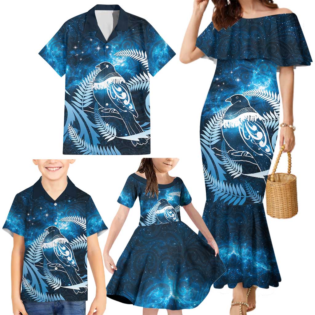 New Zealand Matariki Family Matching Mermaid Dress and Hawaiian Shirt Pigeon Kereru Maori Fern Art LT05 - Polynesian Pride
