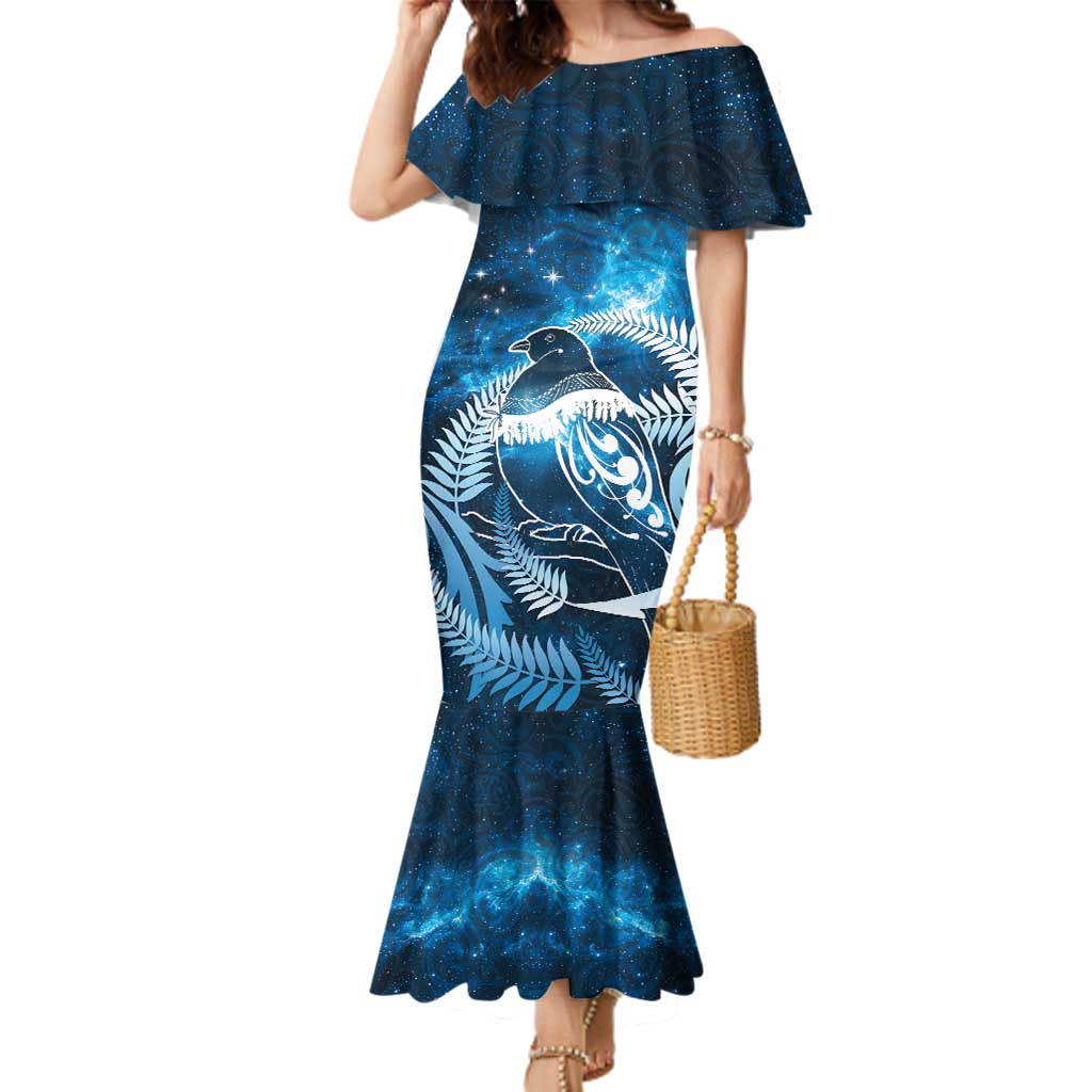 New Zealand Matariki Family Matching Mermaid Dress and Hawaiian Shirt Pigeon Kereru Maori Fern Art LT05 Mom's Dress Blue - Polynesian Pride