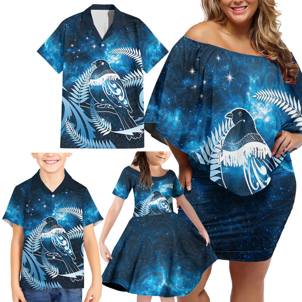 New Zealand Matariki Family Matching Off Shoulder Short Dress and Hawaiian Shirt Pigeon Kereru Maori Fern Art