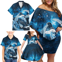 New Zealand Matariki Family Matching Off Shoulder Short Dress and Hawaiian Shirt Pigeon Kereru Maori Fern Art