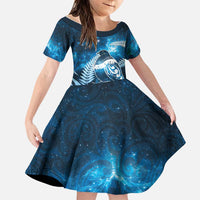 New Zealand Matariki Family Matching Short Sleeve Bodycon Dress and Hawaiian Shirt Pigeon Kereru Maori Fern Art LT05 Daughter's Dress Blue - Polynesian Pride