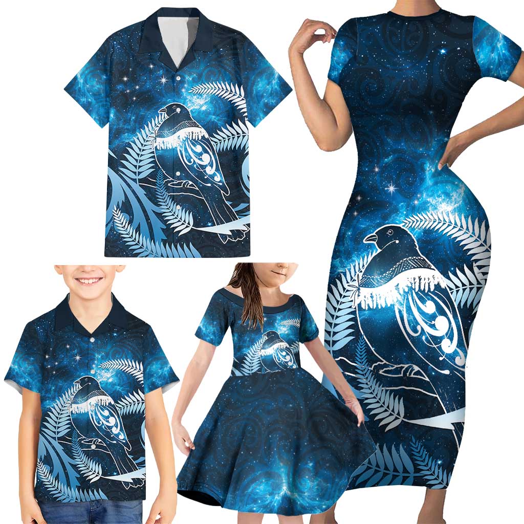 New Zealand Matariki Family Matching Short Sleeve Bodycon Dress and Hawaiian Shirt Pigeon Kereru Maori Fern Art LT05 - Polynesian Pride