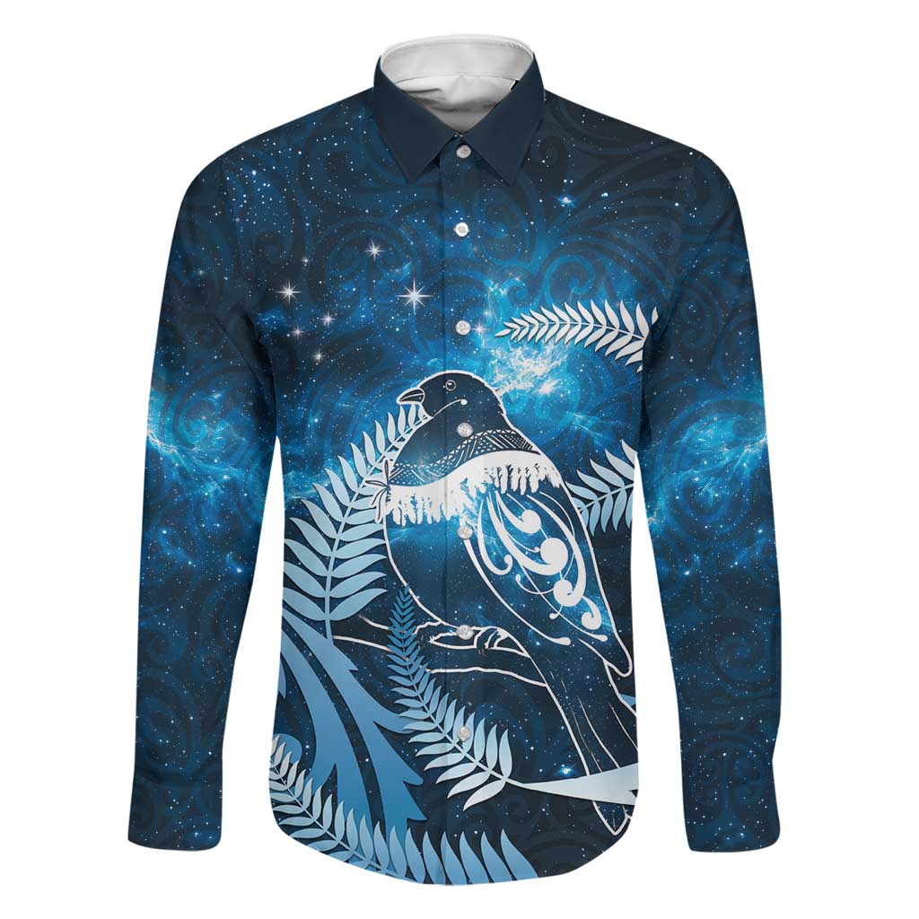 New Zealand Matariki Family Matching Short Sleeve Bodycon Dress and Hawaiian Shirt Pigeon Kereru Maori Fern Art LT05 Dad's Shirt - Long Sleeve Blue - Polynesian Pride