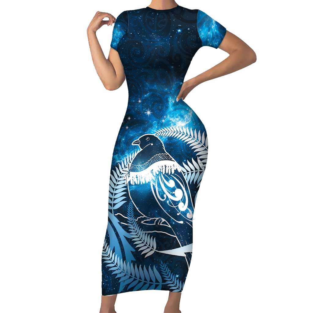 New Zealand Matariki Family Matching Short Sleeve Bodycon Dress and Hawaiian Shirt Pigeon Kereru Maori Fern Art LT05 Mom's Dress Blue - Polynesian Pride