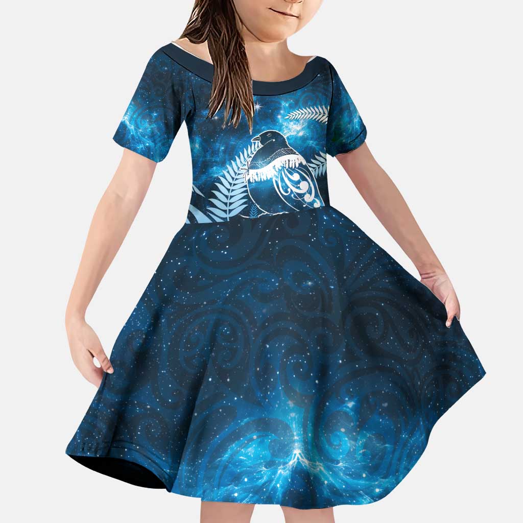 New Zealand Matariki Family Matching Tank Maxi Dress and Hawaiian Shirt Pigeon Kereru Maori Fern Art LT05 Daughter's Dress Blue - Polynesian Pride
