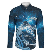 New Zealand Matariki Family Matching Tank Maxi Dress and Hawaiian Shirt Pigeon Kereru Maori Fern Art LT05 Dad's Shirt - Long Sleeve Blue - Polynesian Pride