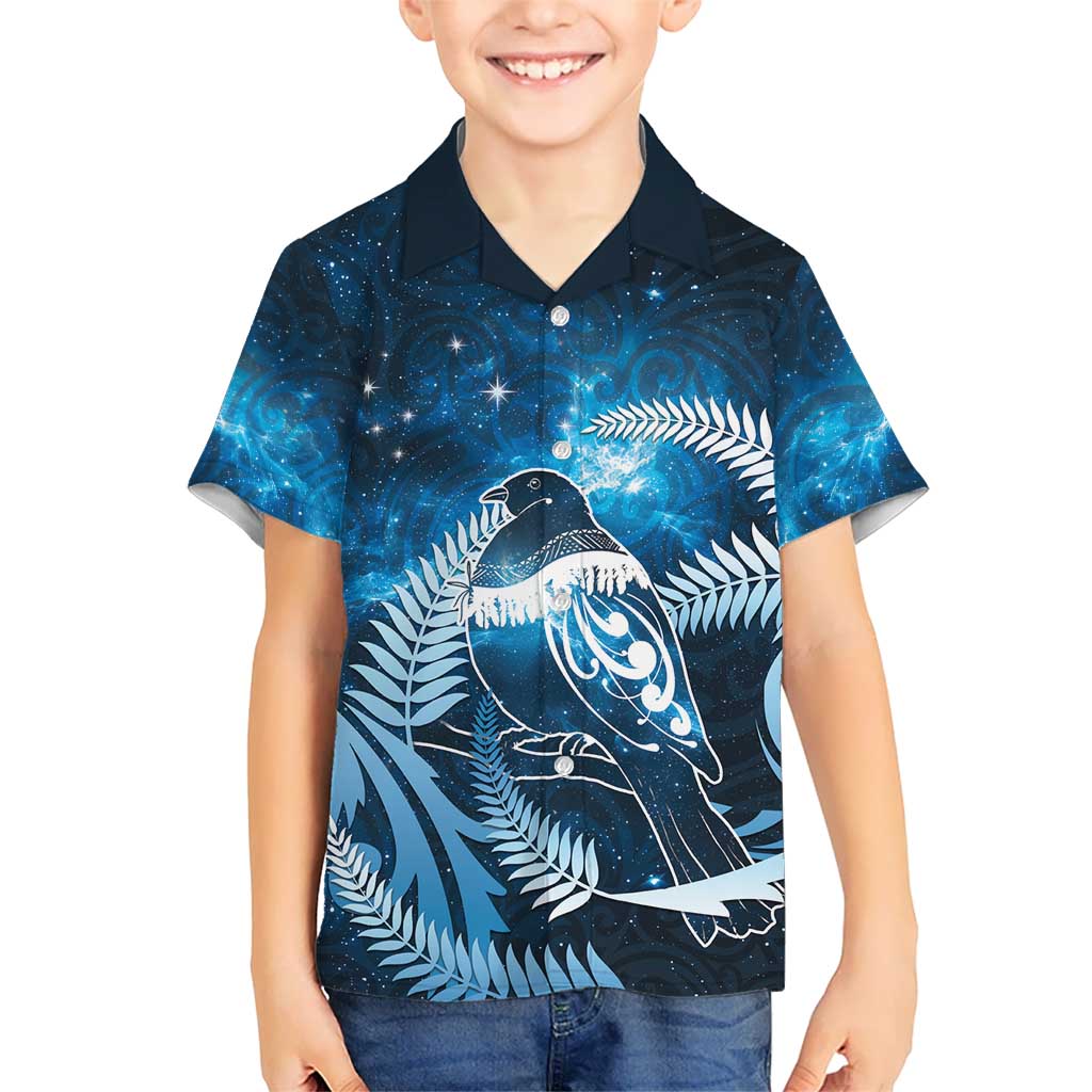 New Zealand Matariki Family Matching Tank Maxi Dress and Hawaiian Shirt Pigeon Kereru Maori Fern Art LT05 Son's Shirt Blue - Polynesian Pride
