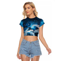 New Zealand Matariki Raglan Cropped T Shirt Pigeon Kereru Maori Fern Art LT05 Female Blue - Polynesian Pride