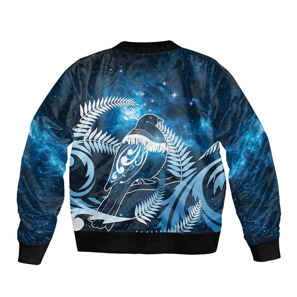 New Zealand Matariki Sleeve Zip Bomber Jacket Pigeon Kereru Maori Fern Art