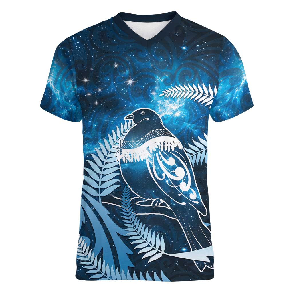 New Zealand Matariki Women V-Neck T-Shirt Pigeon Kereru Maori Fern Art