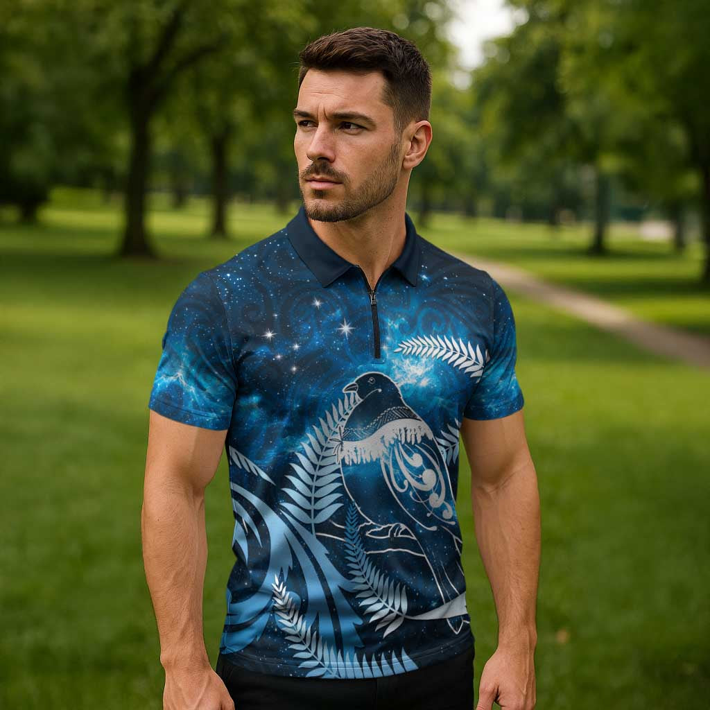 New Zealand Matariki Zipper Polo Shirt Pigeon Kereru Maori Fern Art