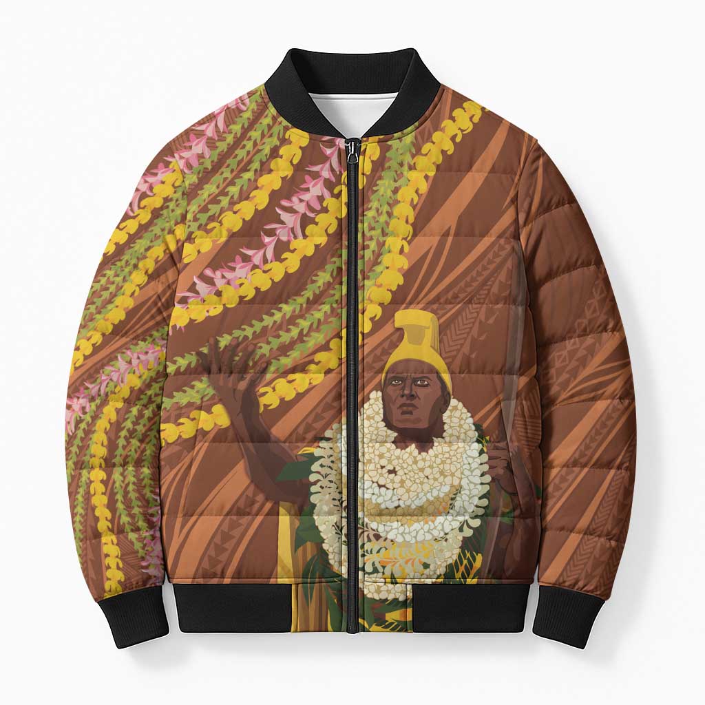 Hawaii King Kamehameha Bomber Puffer Jacket Hawaiian Kakau Pattern With Leis