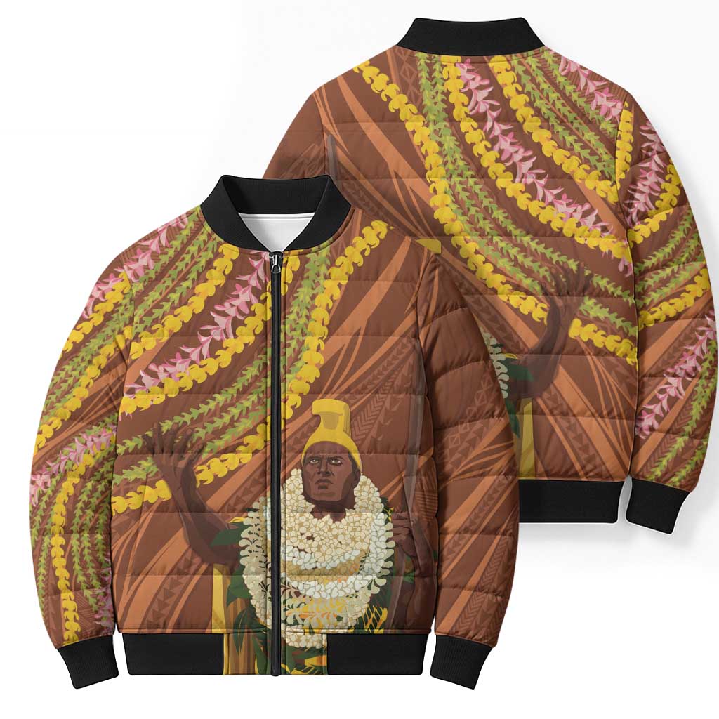 Hawaii King Kamehameha Bomber Puffer Jacket Hawaiian Kakau Pattern With Leis