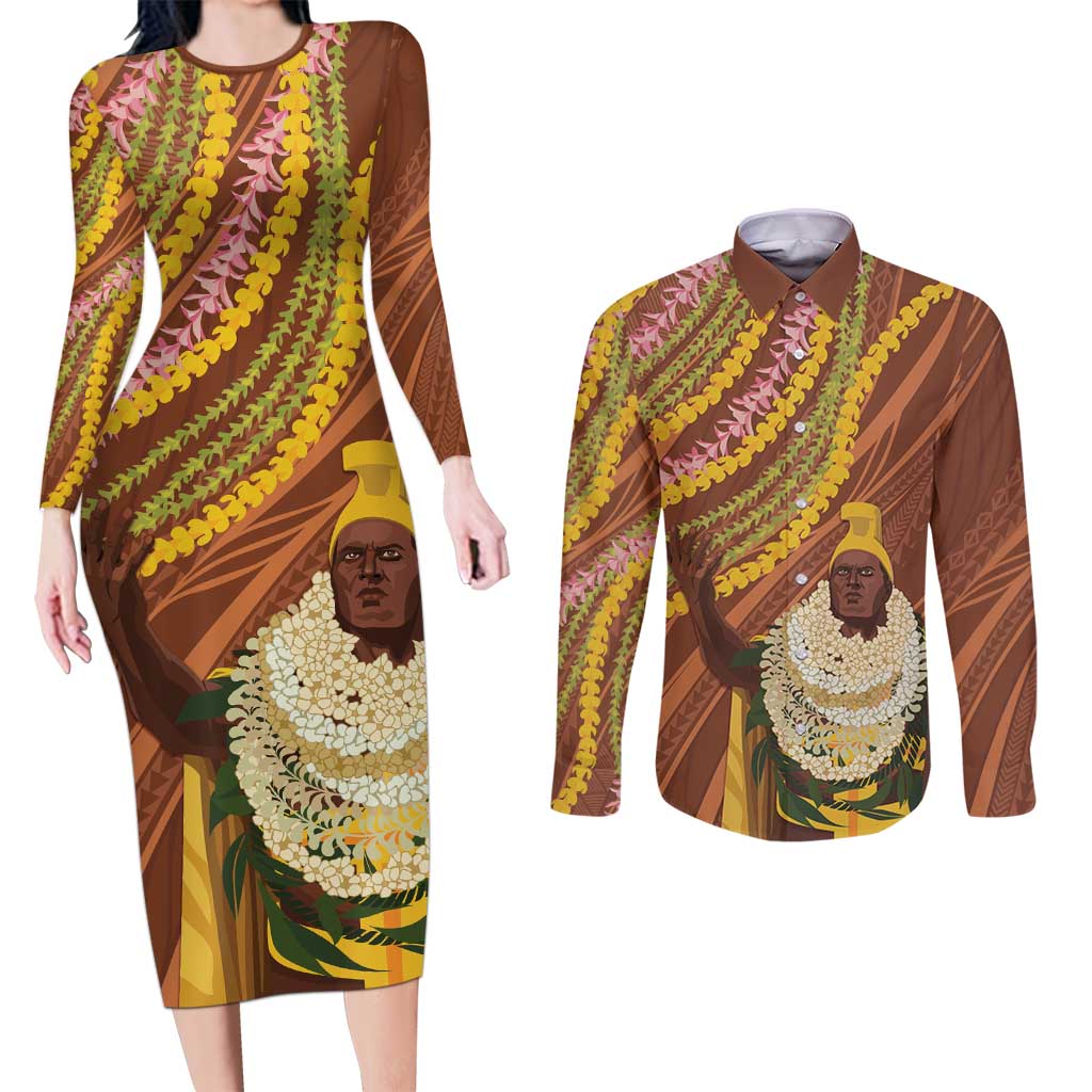 Hawaii King Kamehameha Couples Matching Long Sleeve Bodycon Dress and Long Sleeve Button Shirt Hawaiian Kakau Pattern With Leis