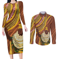Hawaii King Kamehameha Couples Matching Long Sleeve Bodycon Dress and Long Sleeve Button Shirt Hawaiian Kakau Pattern With Leis
