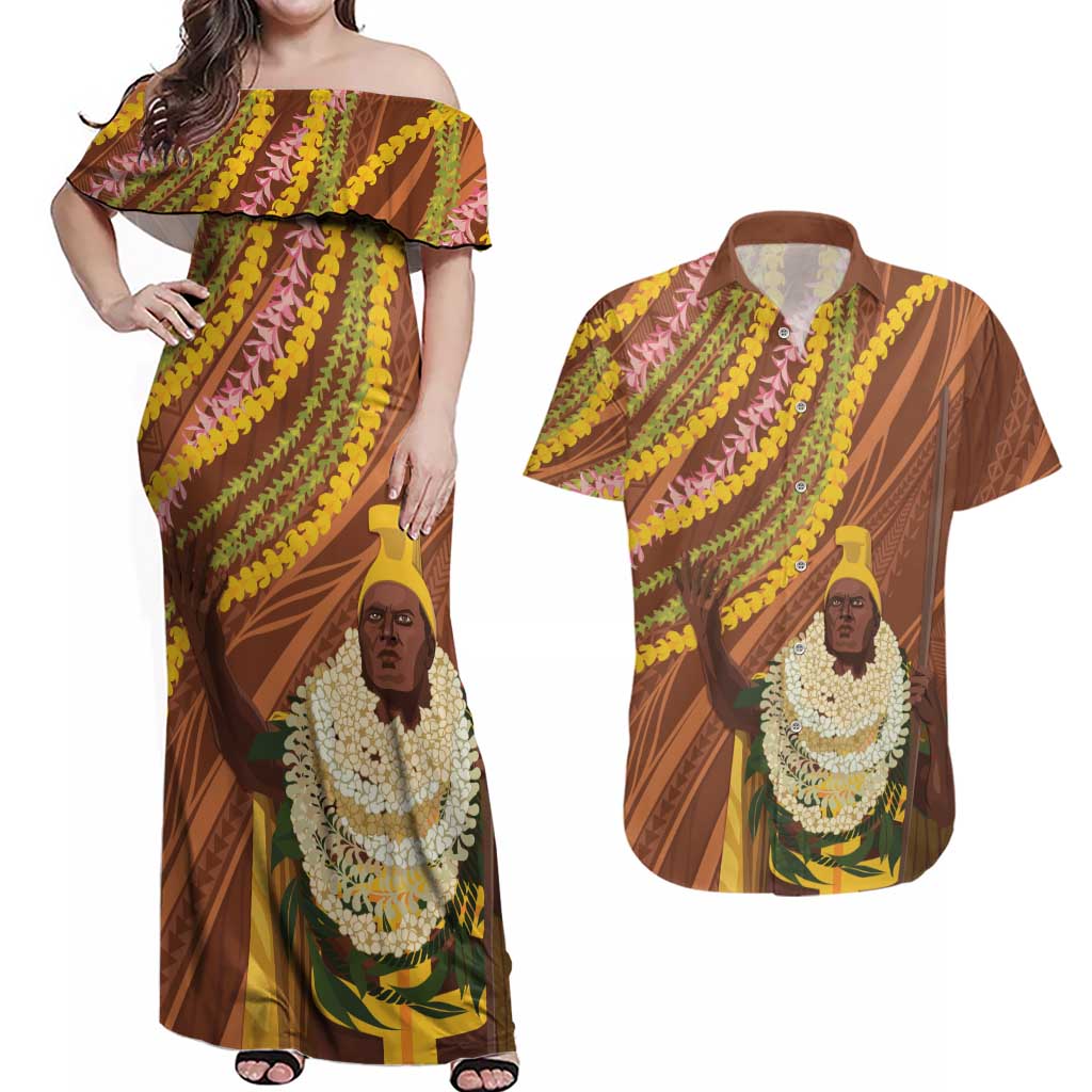 Hawaii King Kamehameha Couples Matching Off Shoulder Maxi Dress and Hawaiian Shirt Hawaiian Kakau Pattern With Leis