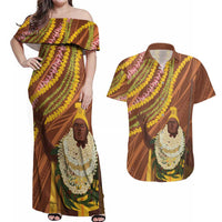 Hawaii King Kamehameha Couples Matching Off Shoulder Maxi Dress and Hawaiian Shirt Hawaiian Kakau Pattern With Leis